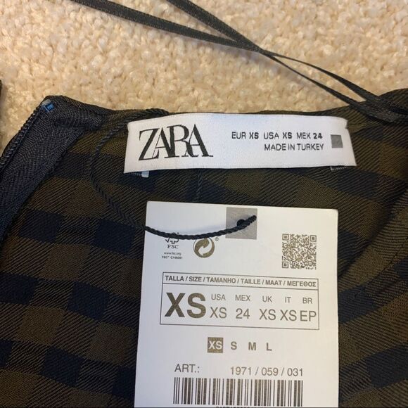Zara Black brown check draped long sleeve V-neck dress Sz XS NWT New with tag - Picture 5 of 10